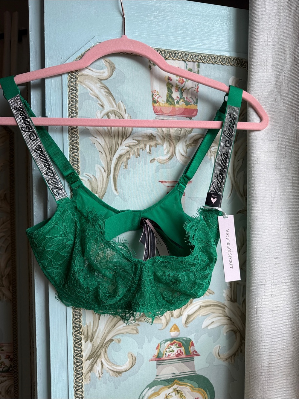Victoria's Secret Green Lace Underwire Bra with Branded Straps